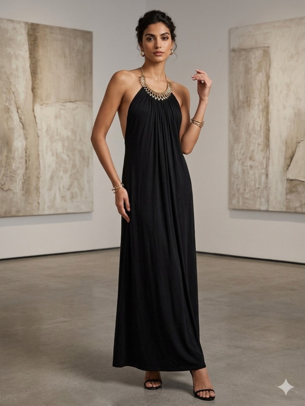 Sky Black Halter Maxi Dress with Gold Neck Detail